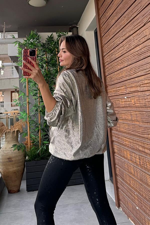 Cape Parıltılı Bomber Ceket - Taş