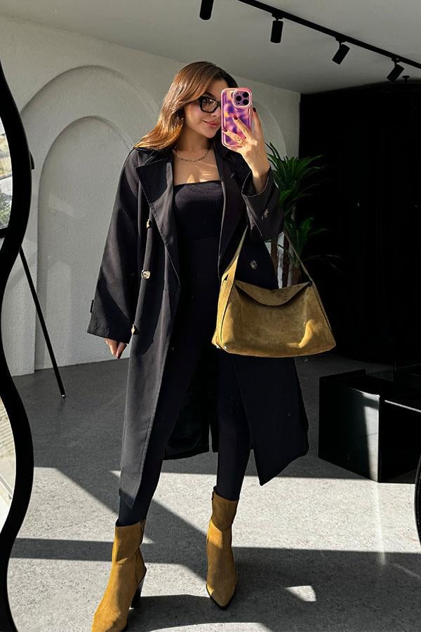 Devin Bel Kuşaklı Siyah Trençkot