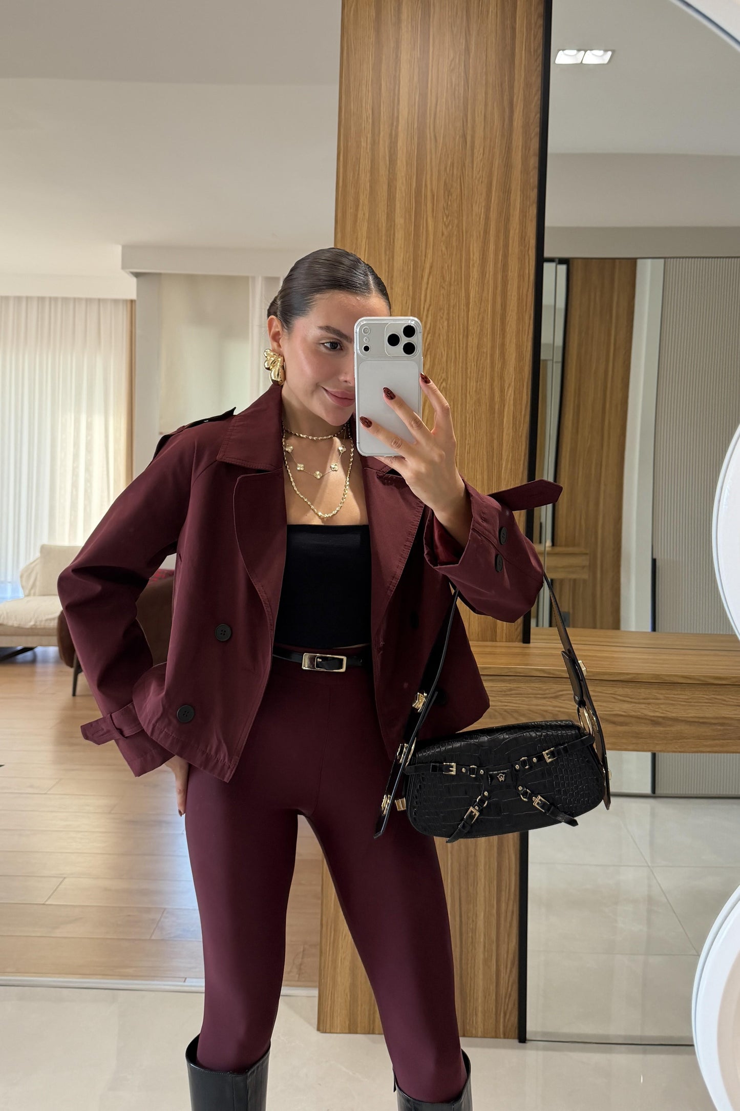 Finex Bordo Kısa Boy Trençkot