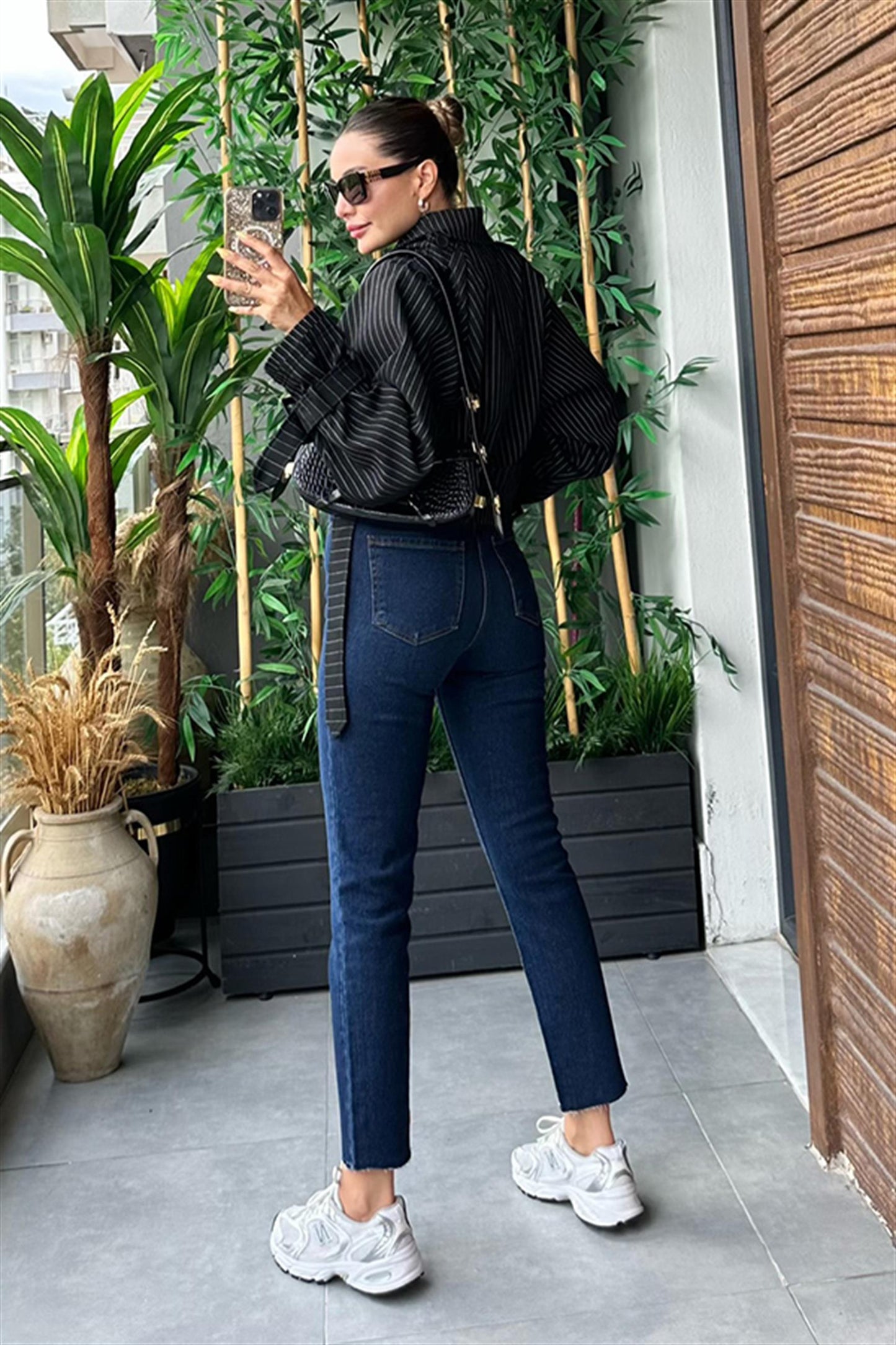 Loose mini siyah çizgili trençkot