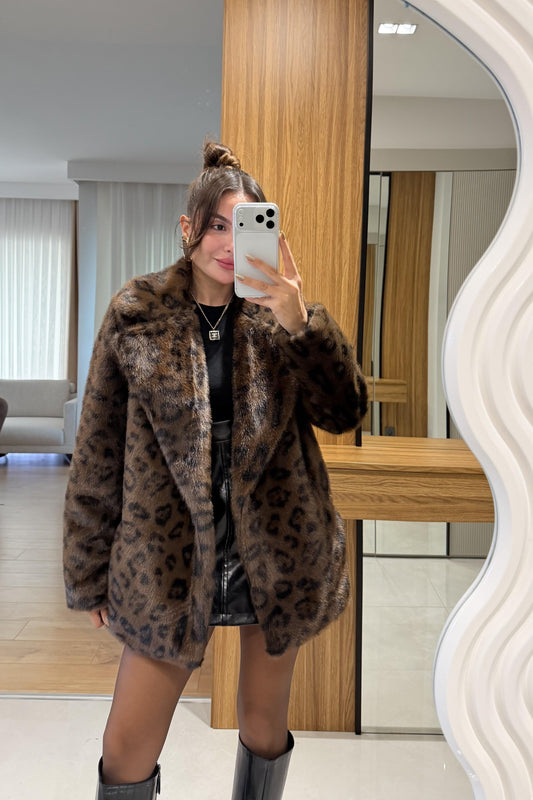 Angels Acı Kahve Leopar Desen Yakalı Kürk