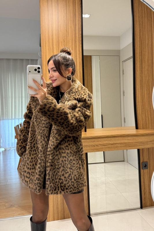 Angels Camel Leopar Desen Yakalı Kürk