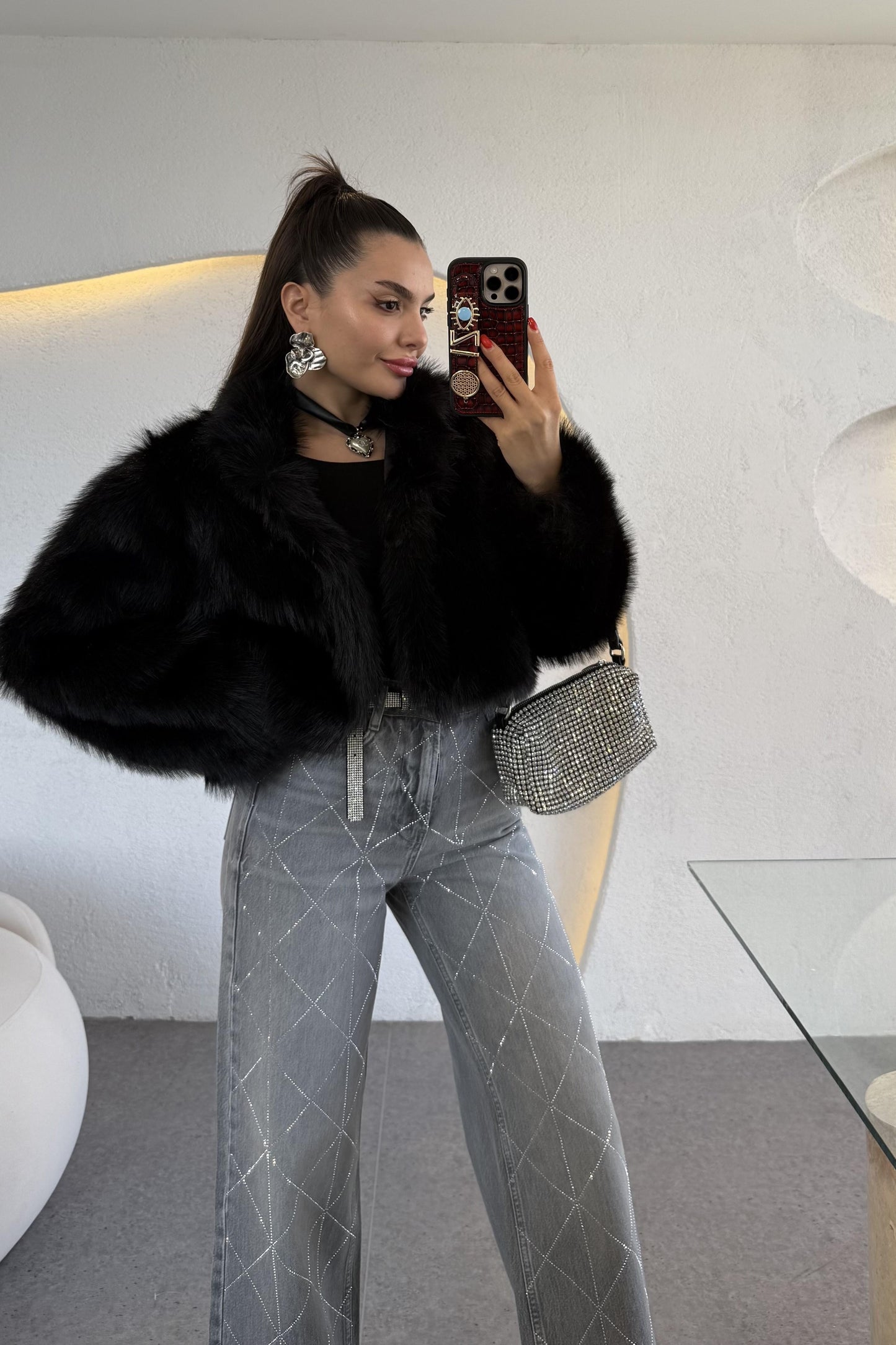 Antoly Siyah Crop Kürk