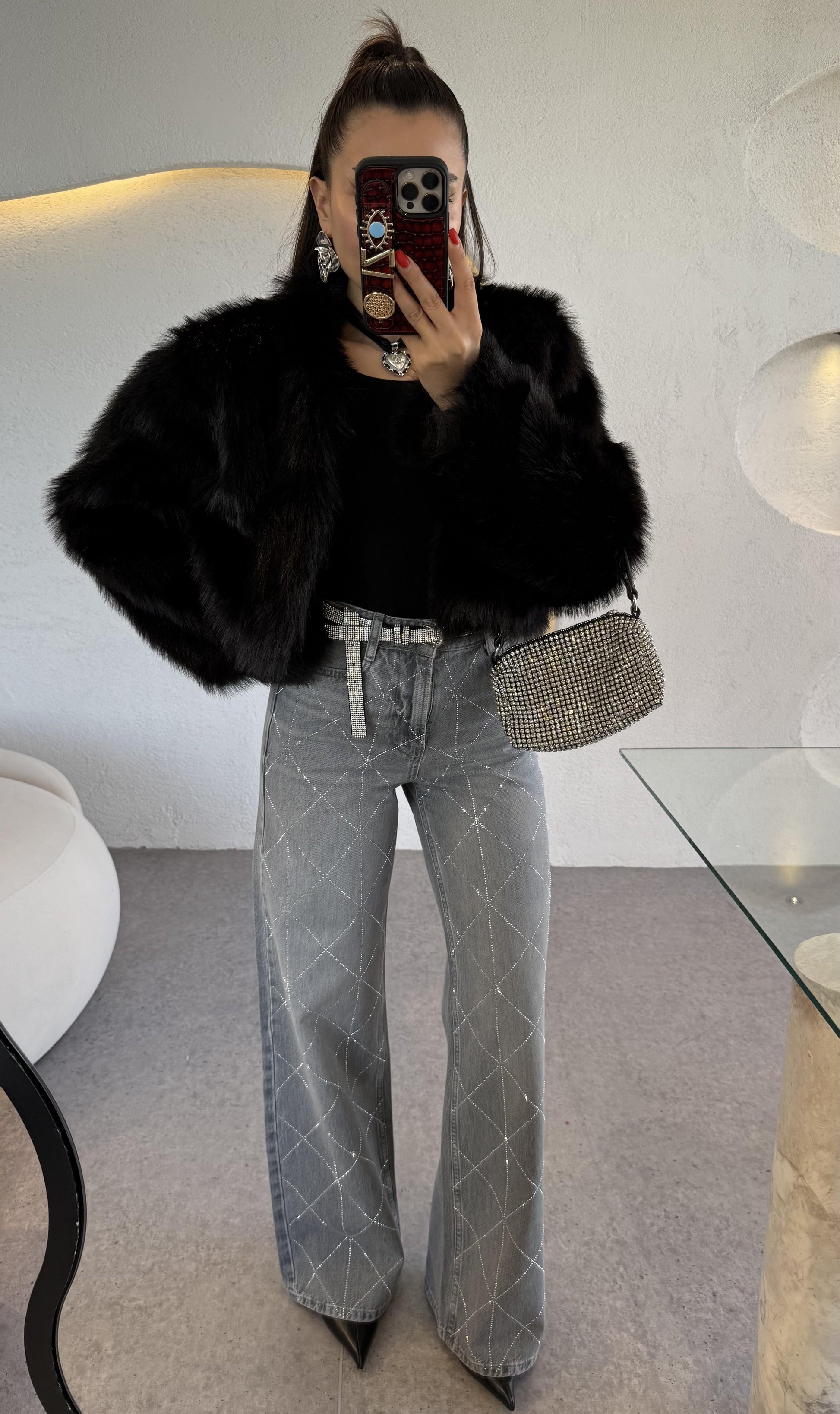 Antoly Siyah Crop Kürk