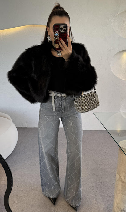 Antoly Siyah Crop Kürk