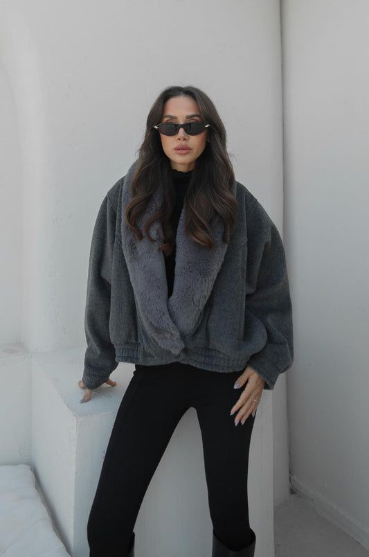 ANTRASIT PELUŞ KÜRK YAKALI MONT