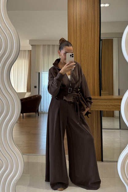 Avery Kahve Kemer Detaylı Geniş Paça Modal Takım