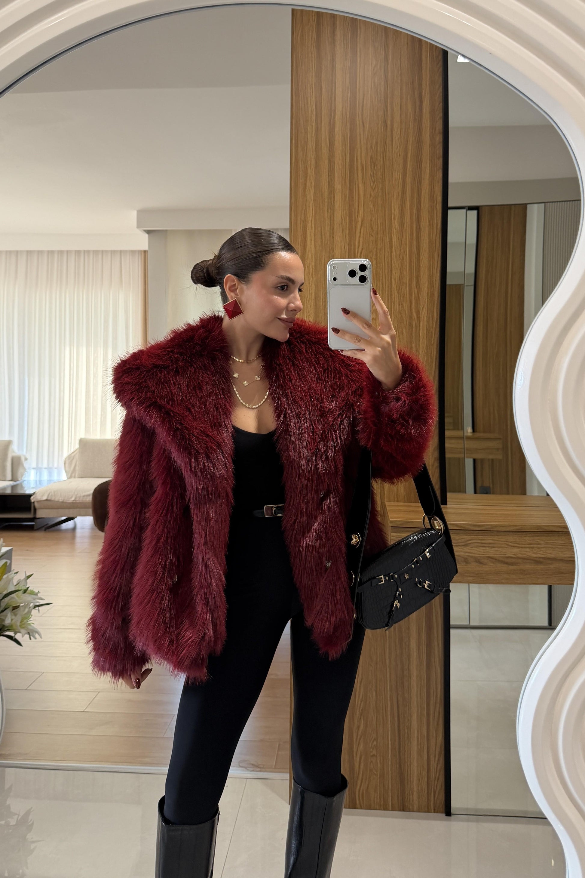 Beyonce Bordo Yakalı Premium Kürk