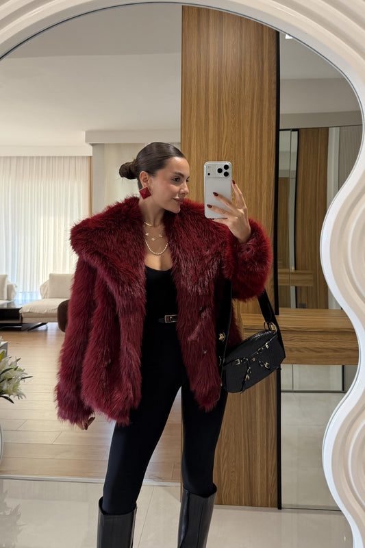 Beyonce Bordo Yakalı Premium Kürk
