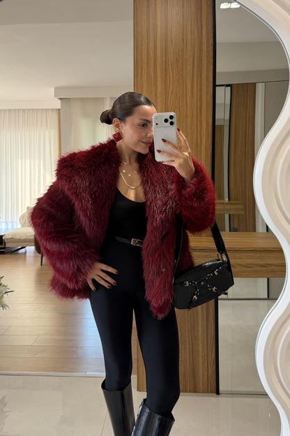 Beyonce Bordo Yakalı Premium Kürk