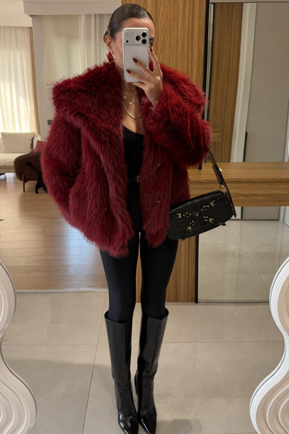 Beyonce Bordo Yakalı Premium Kürk