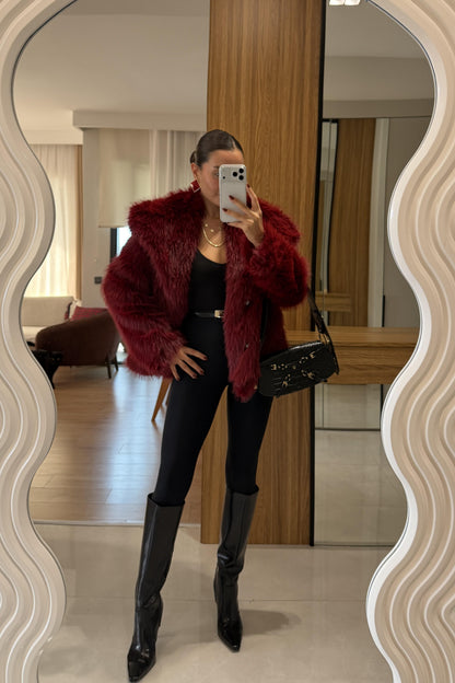 Beyonce Bordo Yakalı Premium Kürk