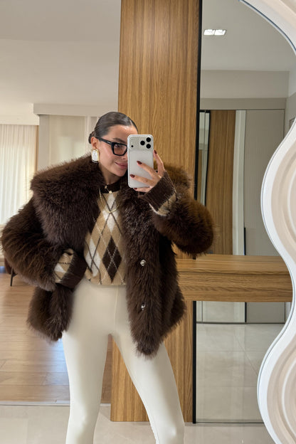 Beyonce Kahve Yakalı Premium Kürk