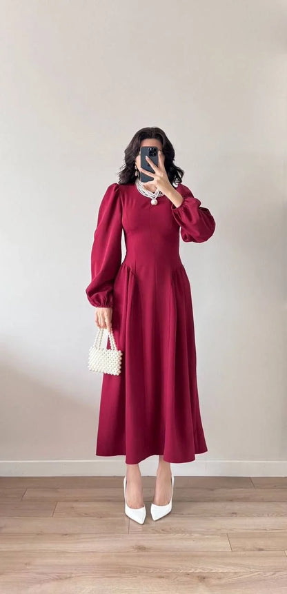 Sırt Kuşak Bağlamalı Uzun Kollu Maxi Balon Kol Elbise