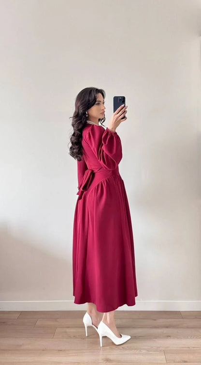 Sırt Kuşak Bağlamalı Uzun Kollu Maxi Balon Kol Elbise