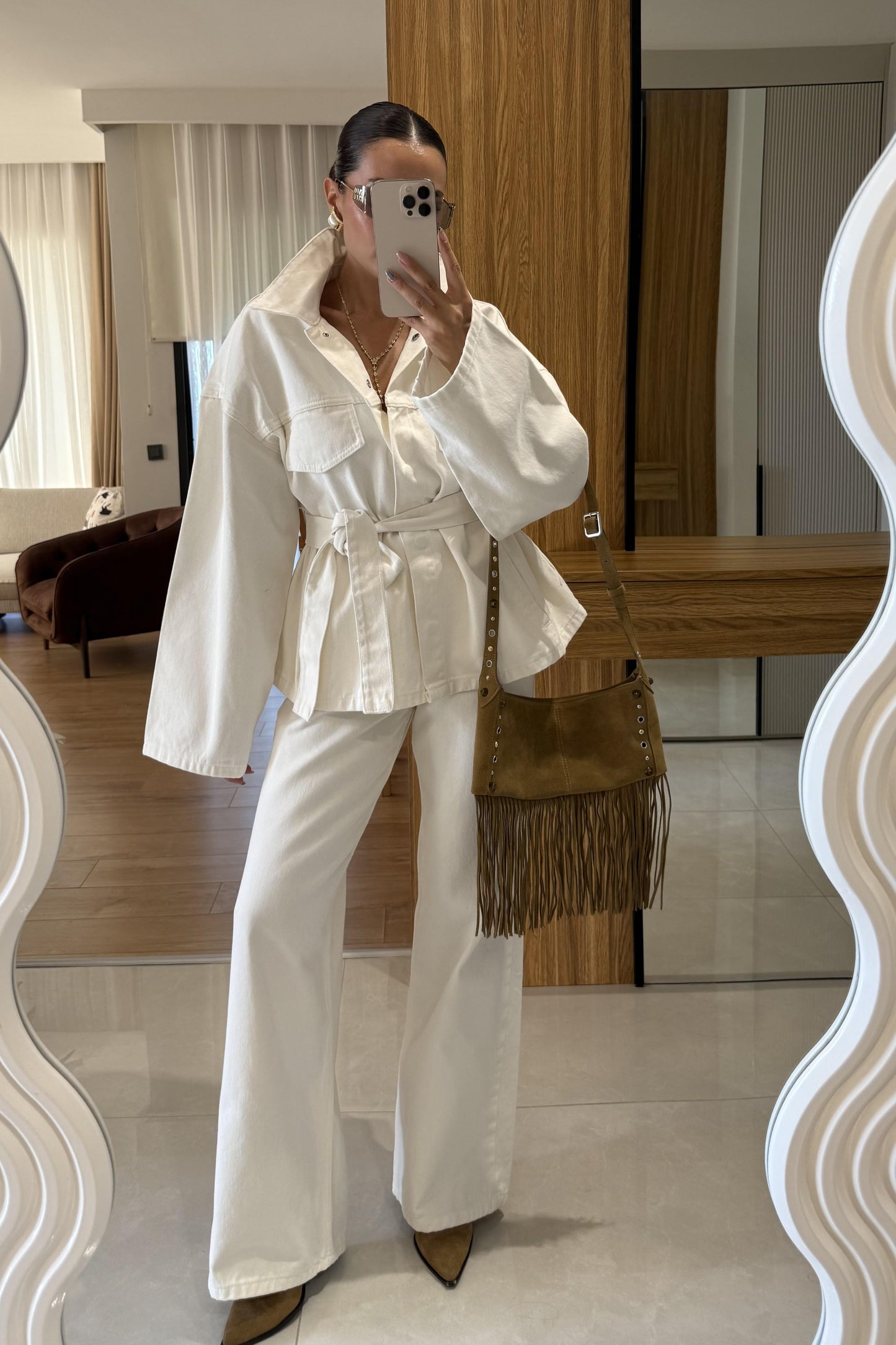 Callow Ekru Kuşaklı Denim Takım