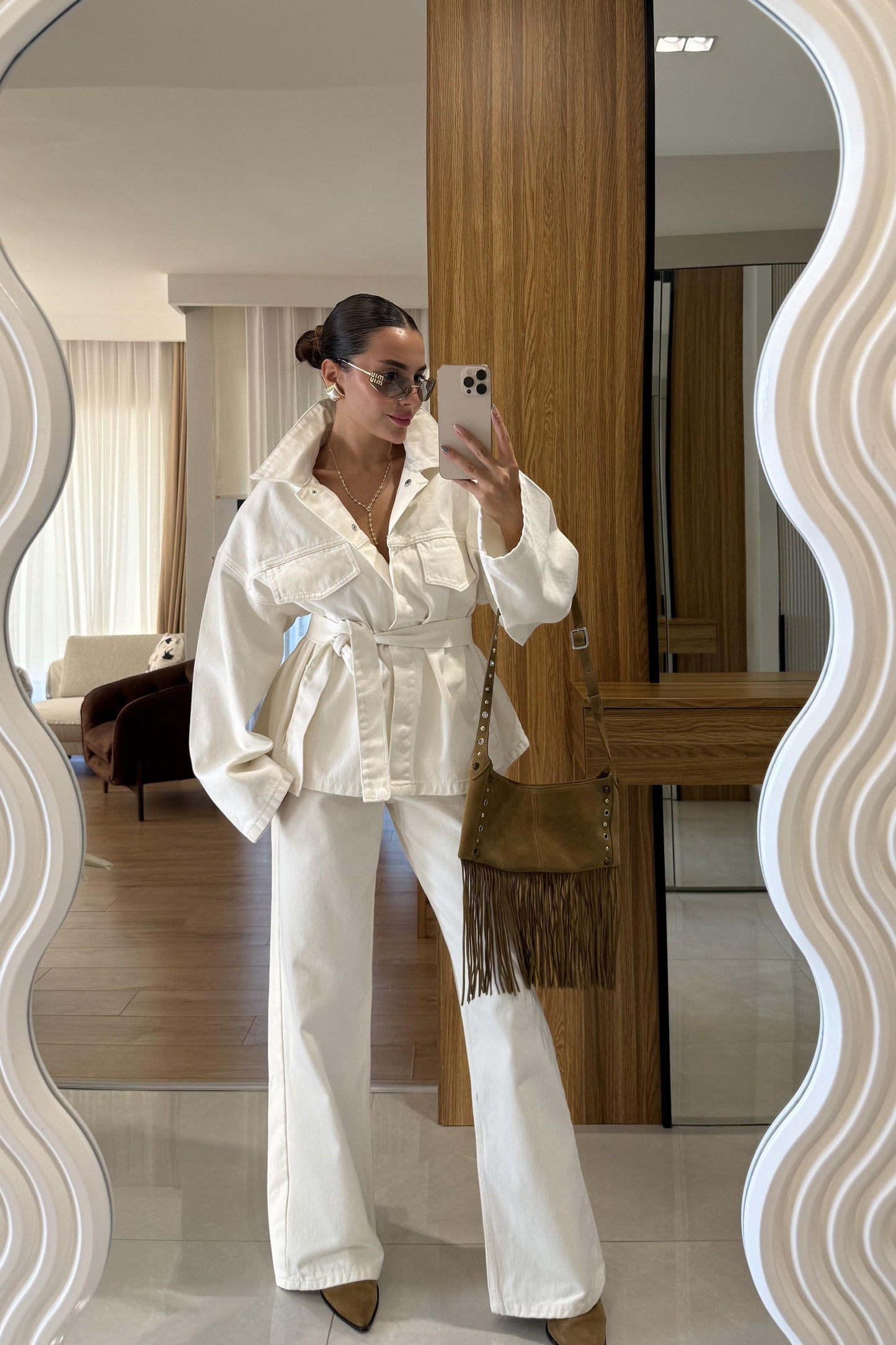 Callow Ekru Kuşaklı Denim Takım