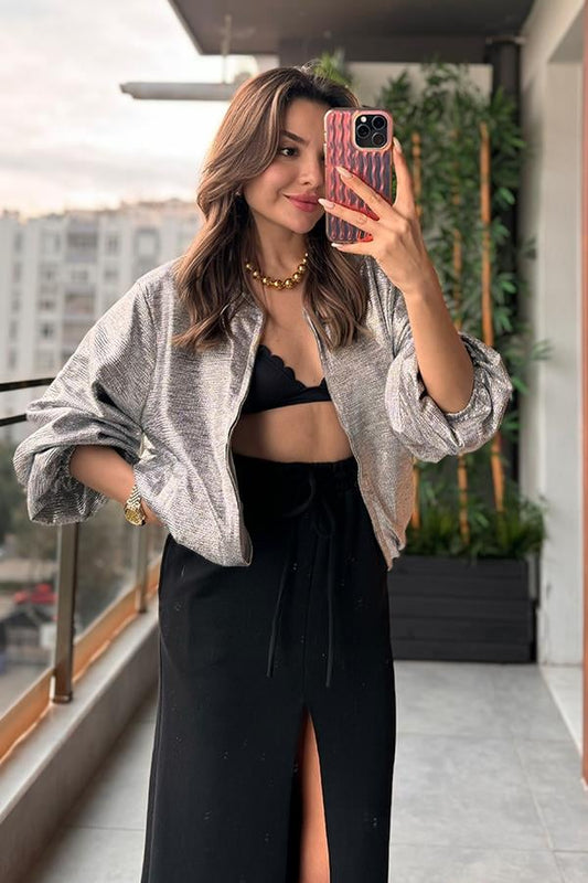 Cape Parıltılı Bomber Ceket - Gümüş