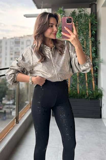 Cape Parıltılı Bomber Ceket - Taş