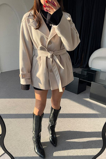 Carena Krem Kuşaklı Kaşe Kaban