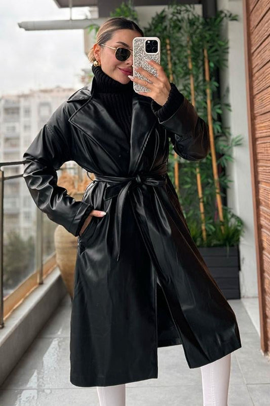 Chiara Siyah Deri Trench Coat