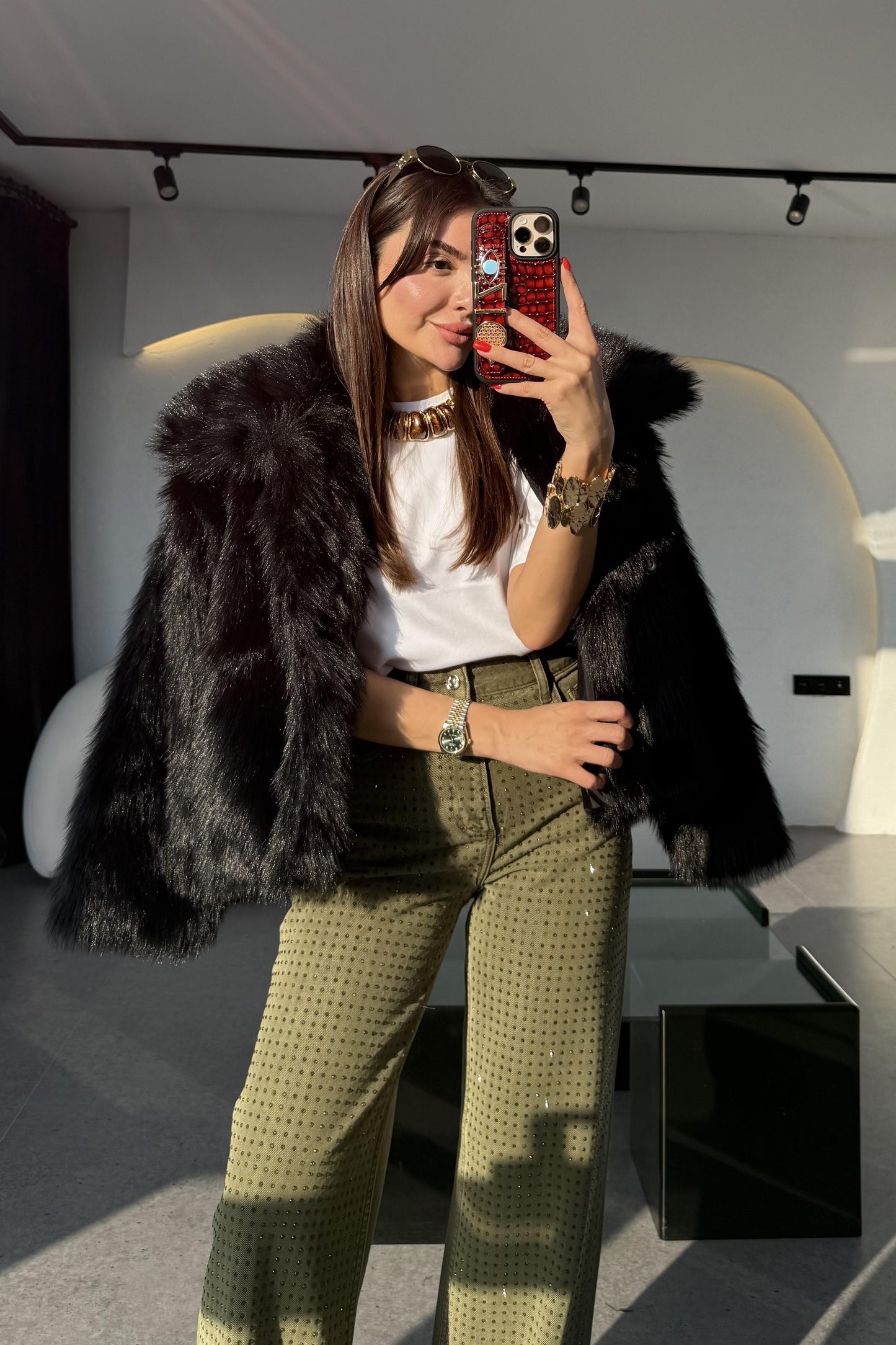 Chirista Siyah Premium Kalite Yakalı Kürk