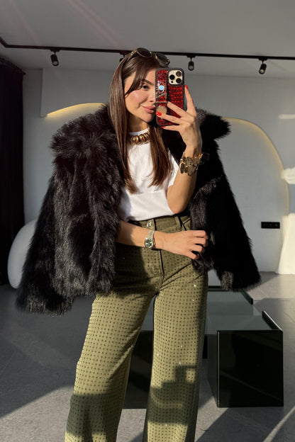 Chirista Siyah Premium Kalite Yakalı Kürk