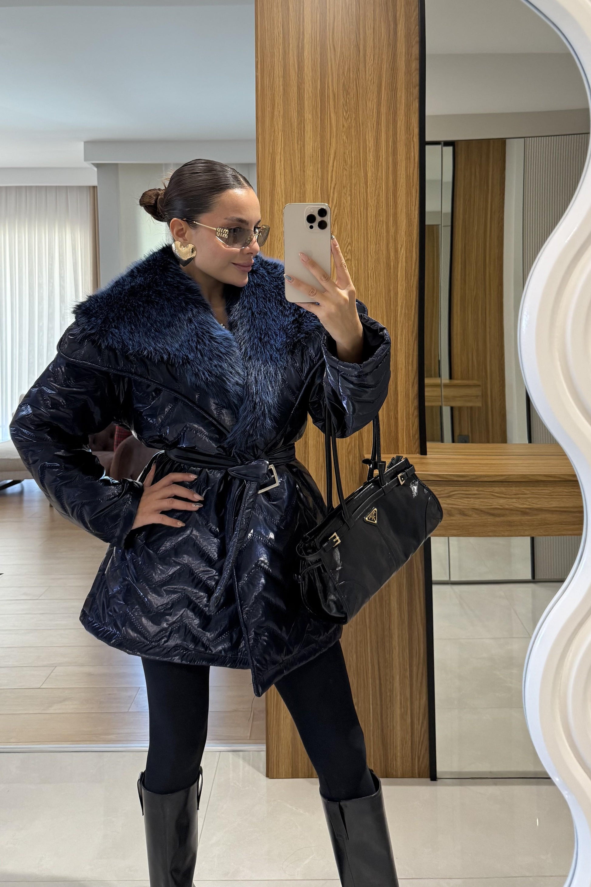 Colmar Lacivert Kürklü Kemerli Şişme Mont