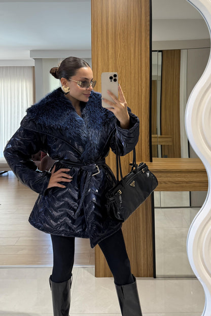 Colmar Lacivert Kürklü Kemerli Şişme Mont