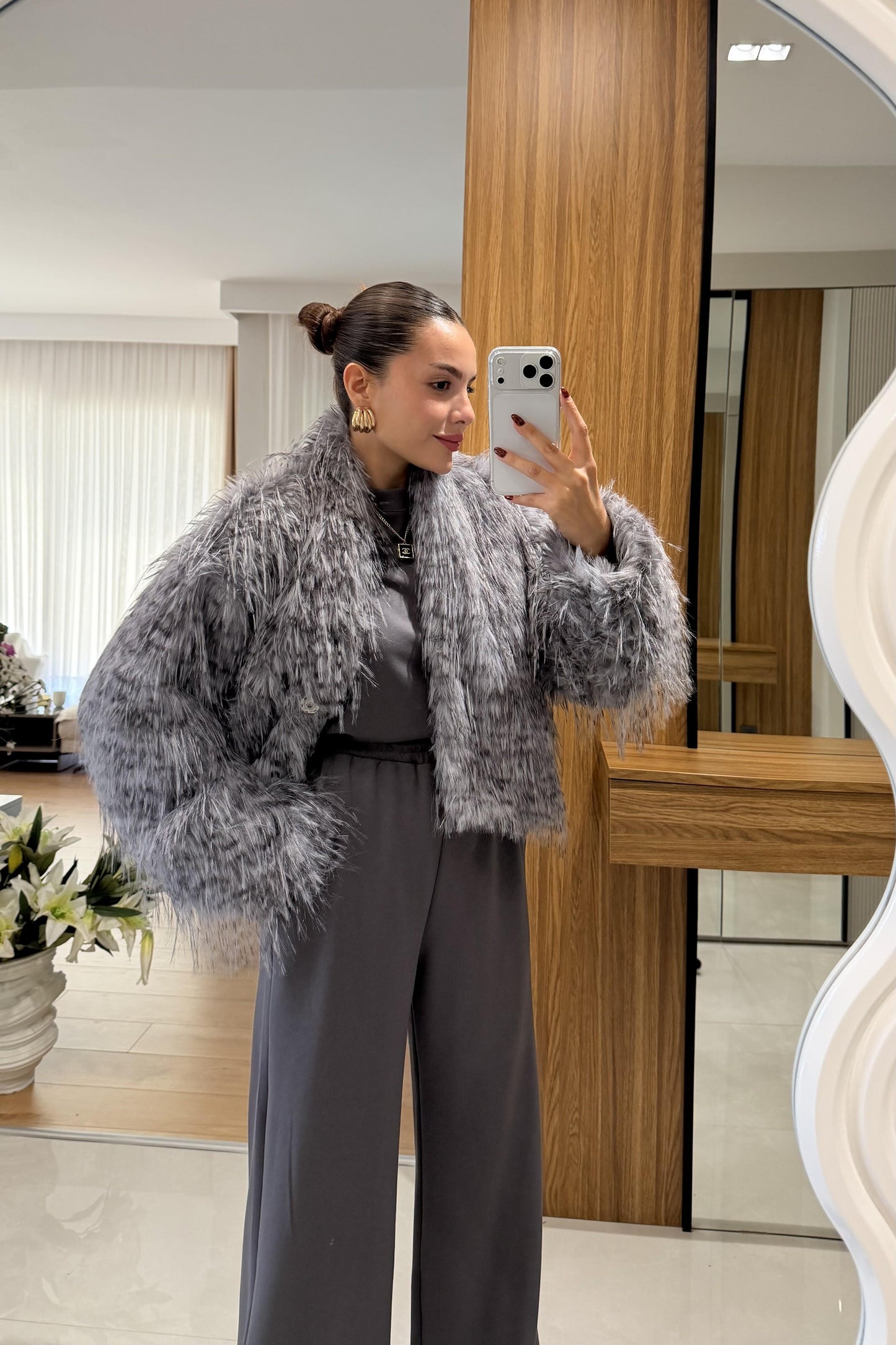 Cristal Gri Saçaklı Premium Kürk