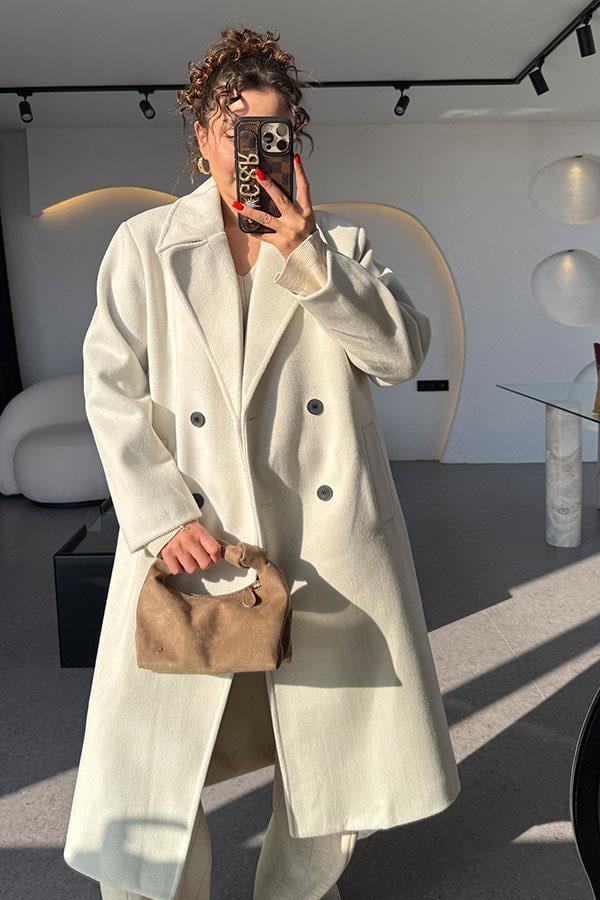 Daria Taş Çizgili Midi Kaşe Kaban