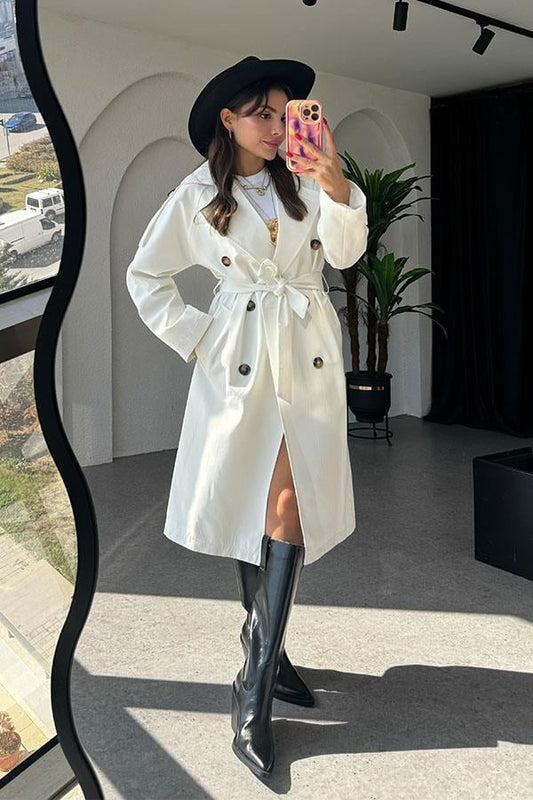 Devin Bel Kuşaklı Beyaz Trençkot