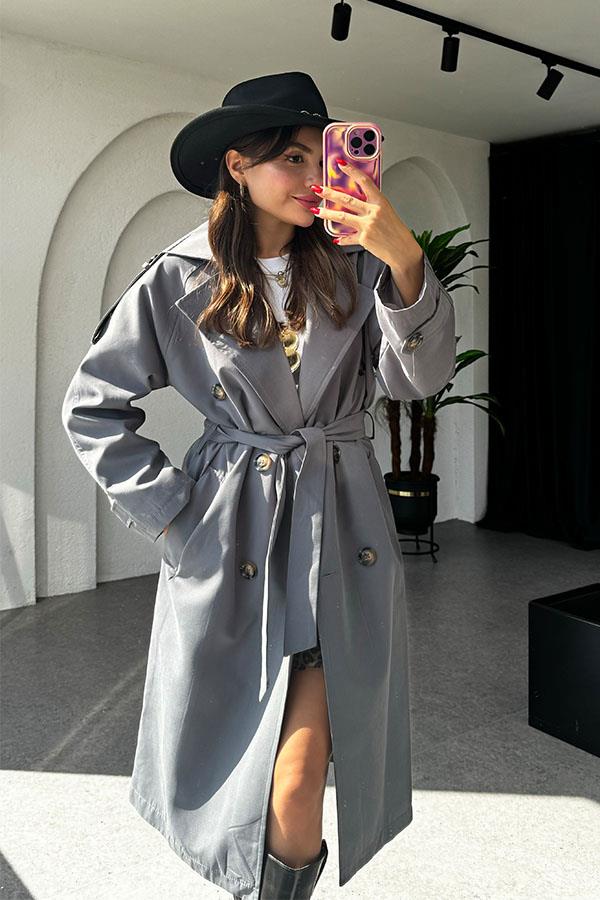 Devin Bel Kuşaklı Füme Trençkot