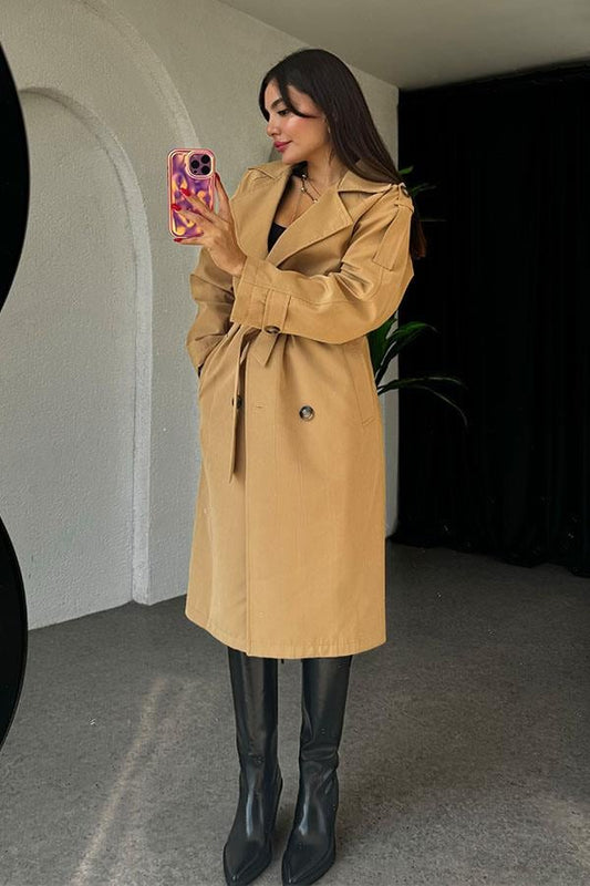 Devin Bel Kuşaklı Karamel Trençkot