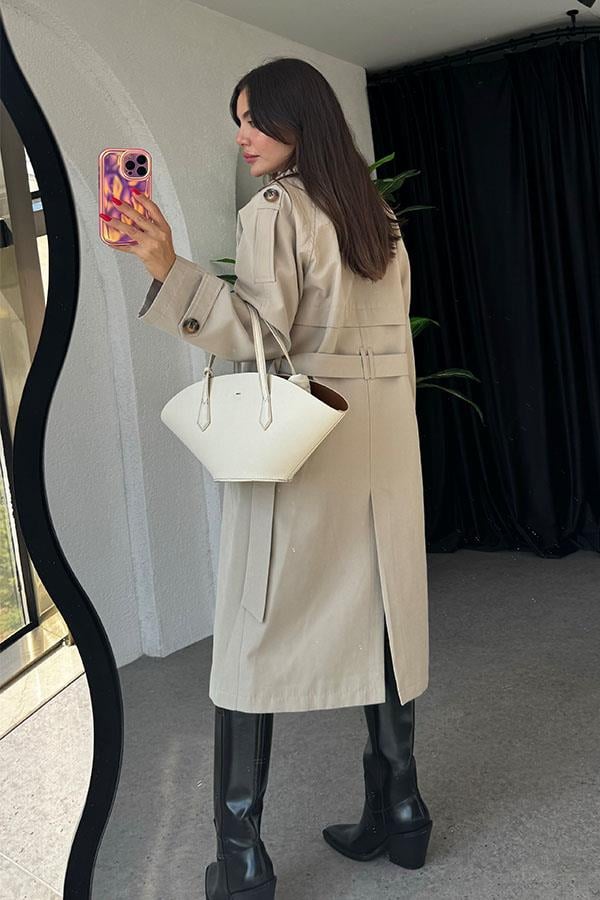 Devin Bel Kuşaklı Krem Trençkot