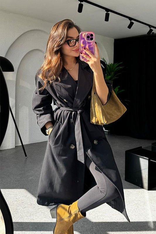 Devin Bel Kuşaklı Siyah Trençkot