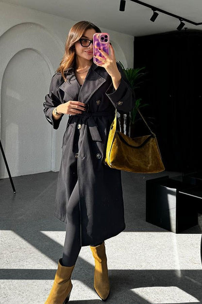 Devin Bel Kuşaklı Siyah Trençkot