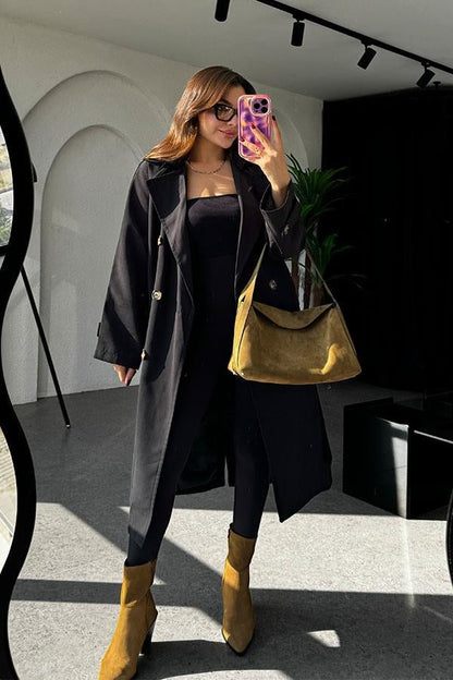 Devin Bel Kuşaklı Siyah Trençkot