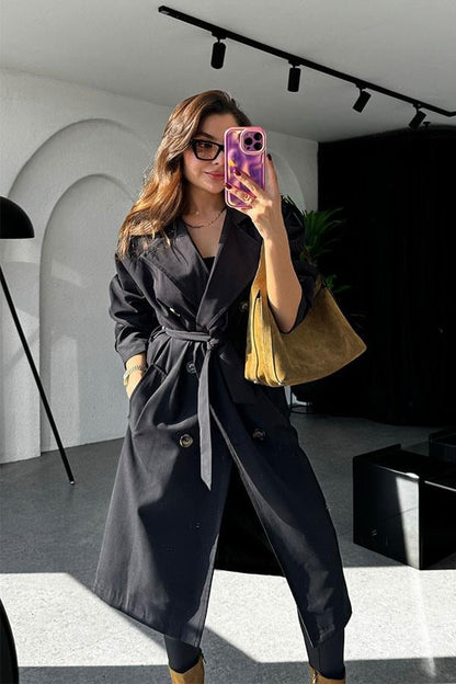 Devin Bel Kuşaklı Siyah Trençkot