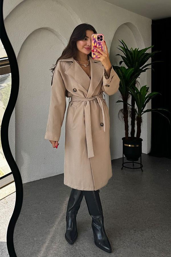 Devin Bel Kuşaklı Sütlü Kahve Trençkot