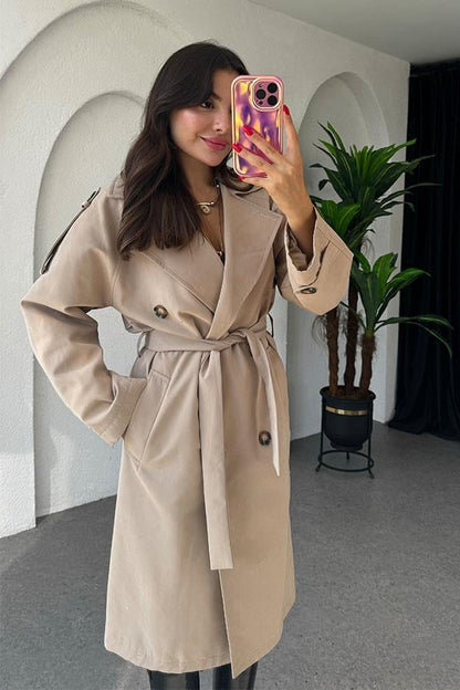 Devin Bel Kuşaklı Sütlü Kahve Trençkot