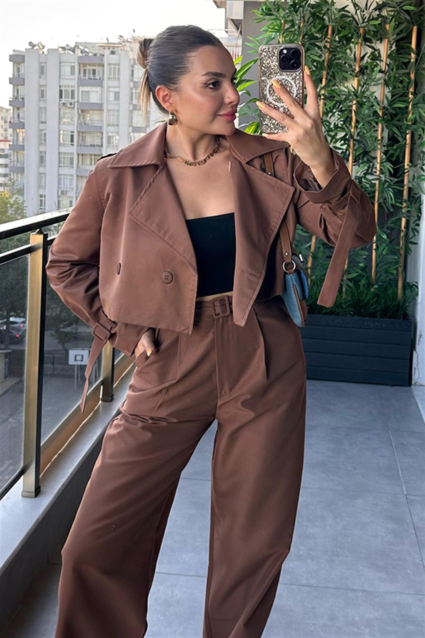 Estilo Mini Acı Kahve Trençkot