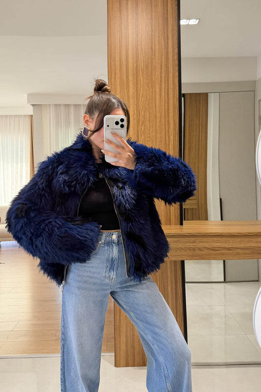 Fendy Lacivert Fermuarlı Kürk