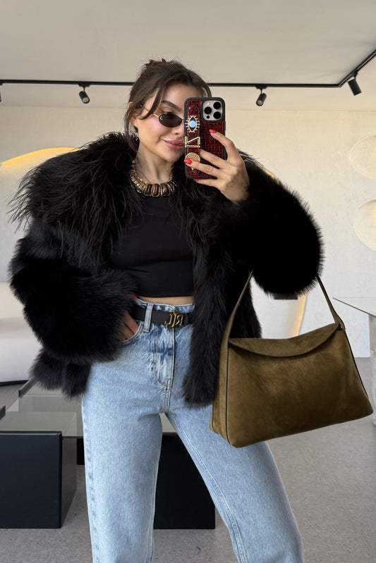 Flexy Siyah Yakalı Premium Kürk