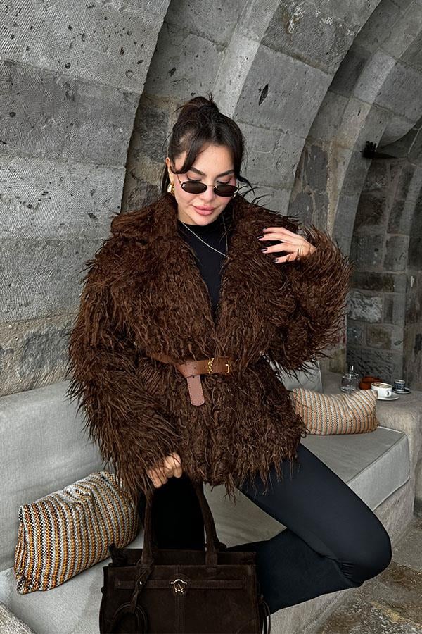 Franziska Kabarık Tüylü Kahve Kürk