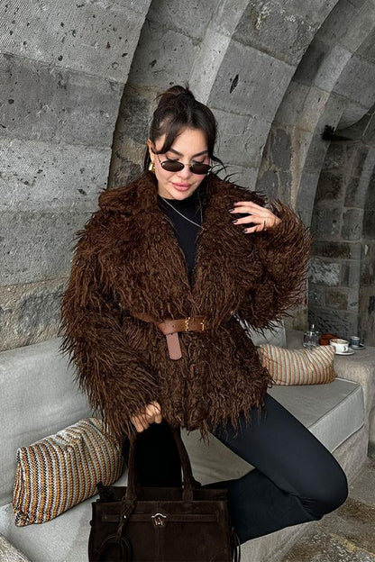 Franziska Kabarık Tüylü Kahve Kürk