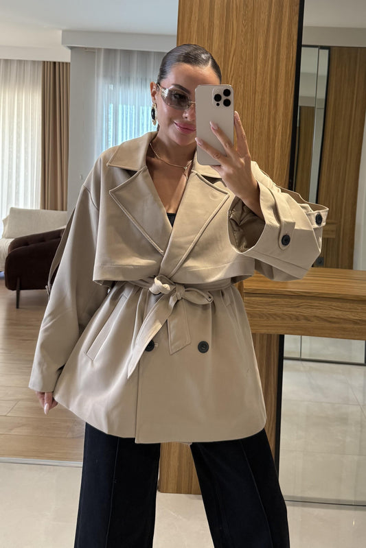 Glasy Camel Kemerli Oversize Trenç