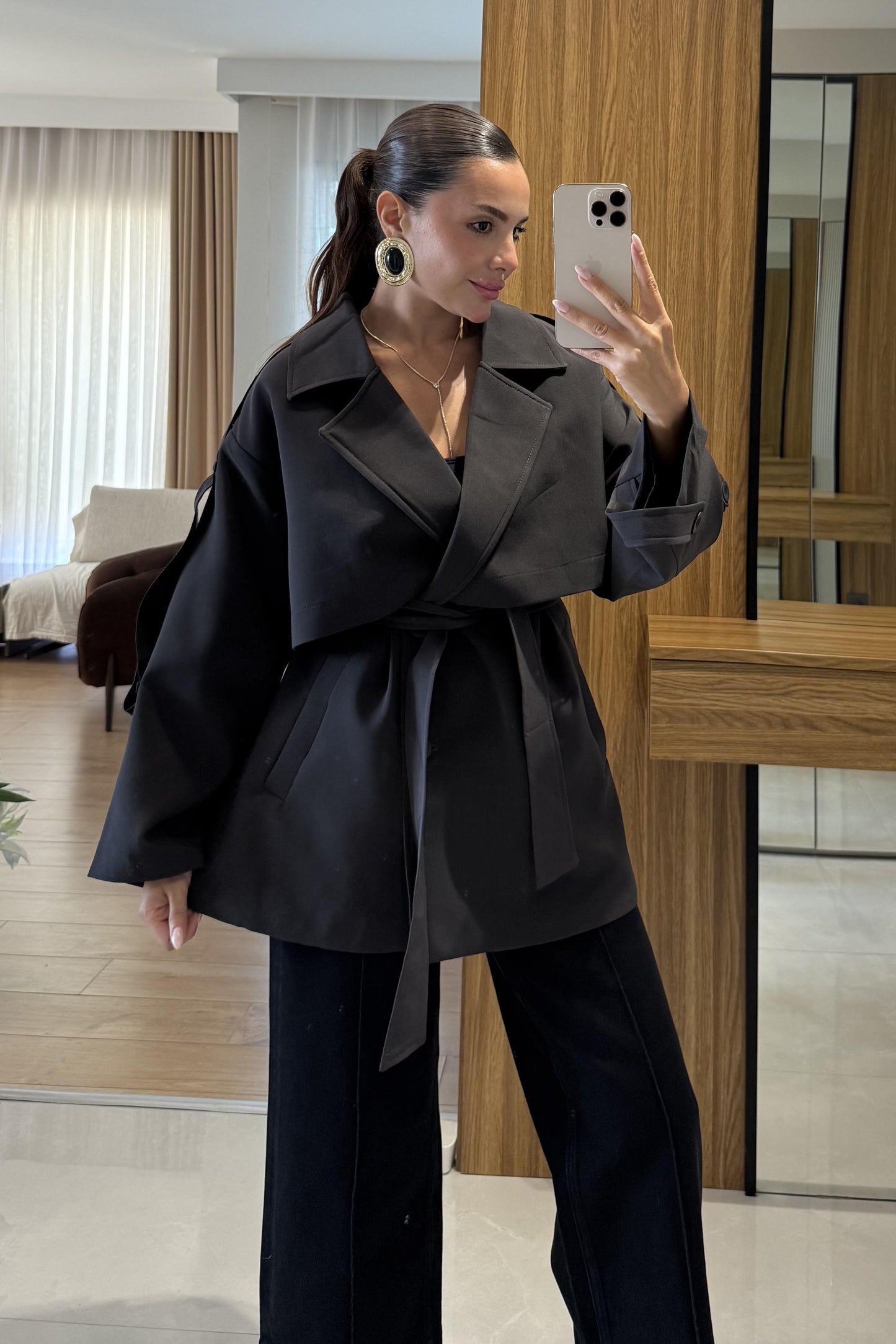 Glasy Kahve Kemerli Oversize Trenç