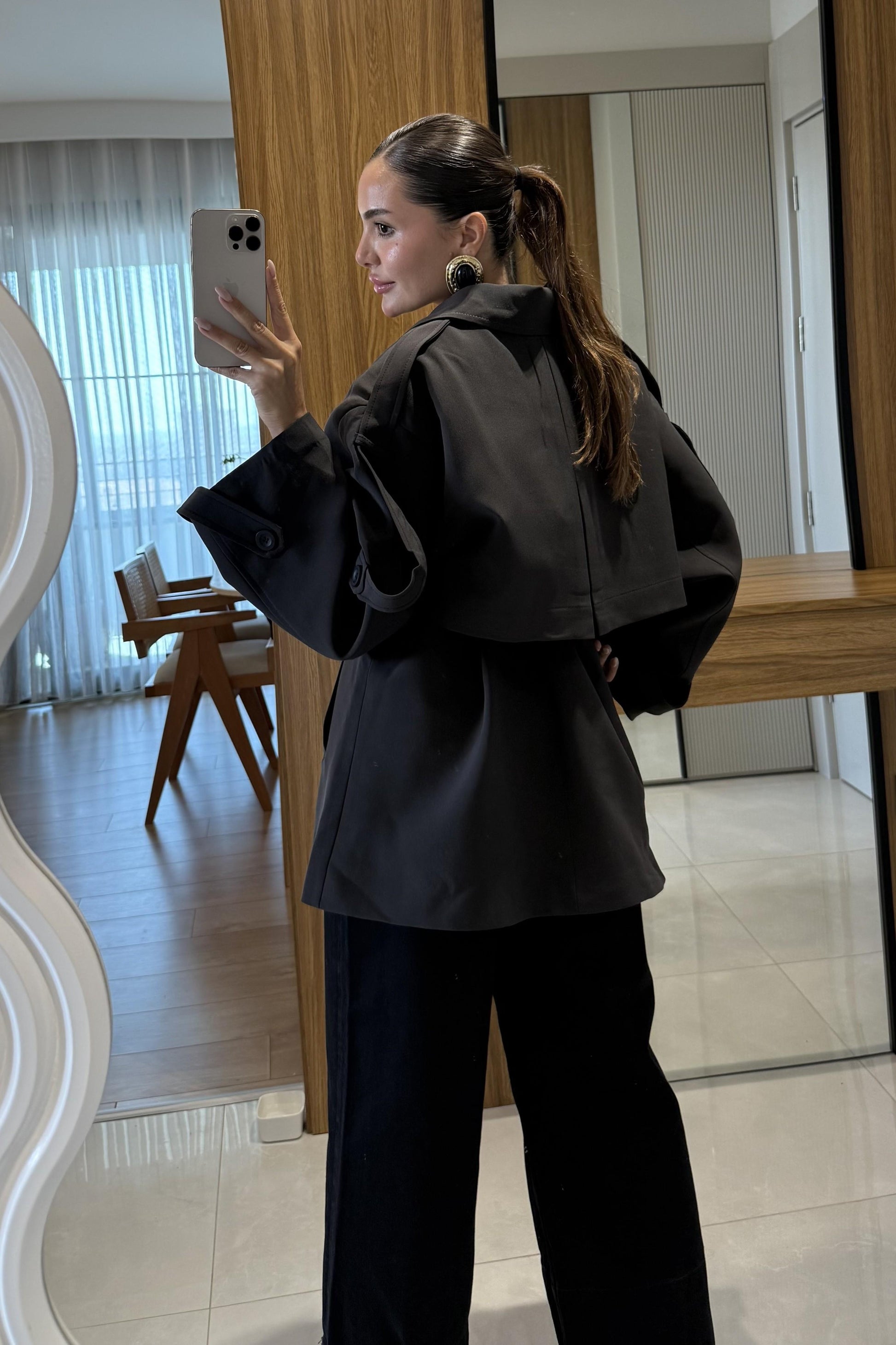 Glasy Kahve Kemerli Oversize Trenç