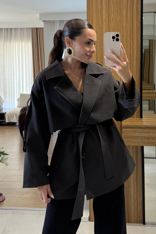 Glasy Kahve Kemerli Oversize Trenç